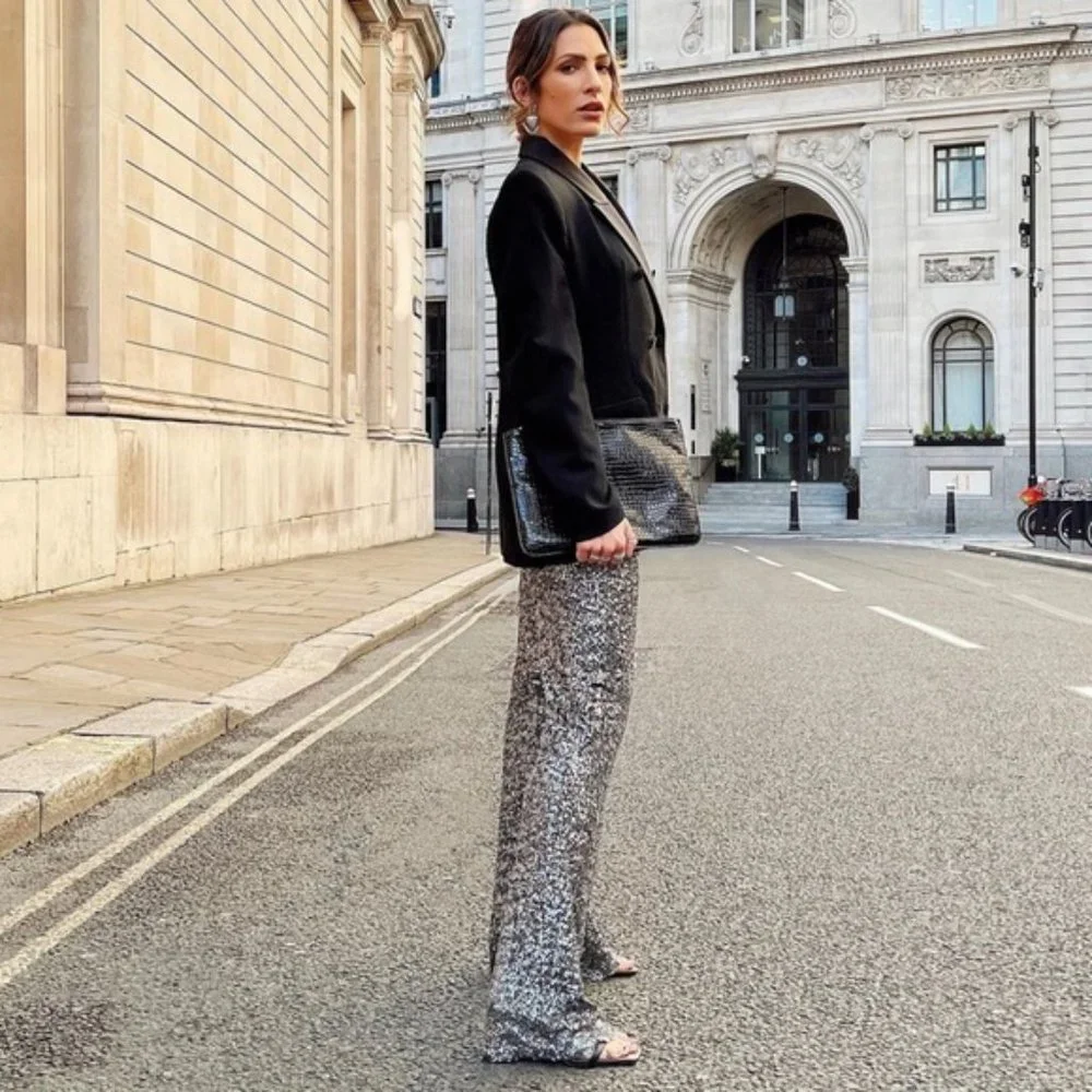 BLOGGER'S FAVE! Zara Flared Sequin Leggings Dark Silver NWT